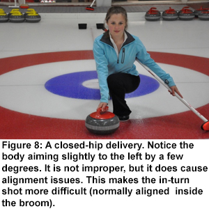 Figure 8.A closed-hip delivery.Notice the body aiming slightly to our left by a few degrees.It is not improper, but it does cause alignment issues.This makes the in-turn shot more difficult (normally aligned inside the broom).