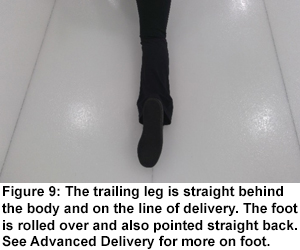 Figure 9.  The trailing leg is straight behind the body and on the line of delivery.  The foot is rolled over and is also pointed straight back.  See the Advanced Delivery part of this section for more discussion on the trailing foot.